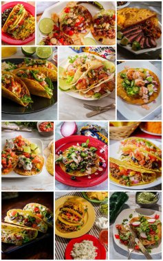 Variety of different Mexican taco recipes in collage for menu background