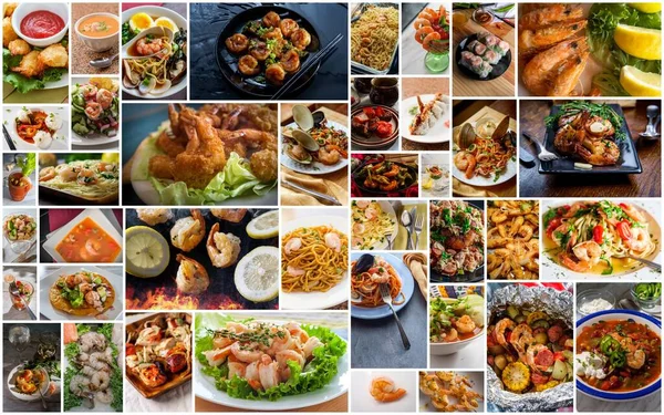 Shrimp dishes and recipes from around the world as cuisine collage