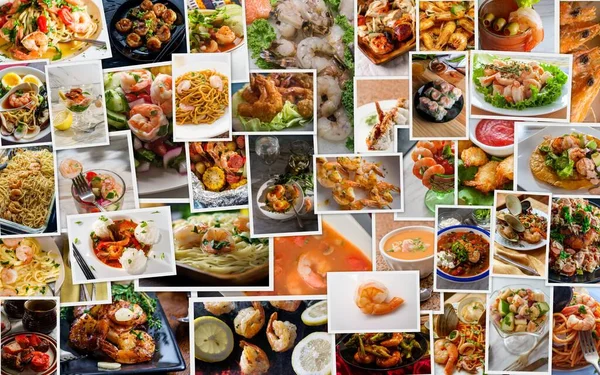 Shrimp dishes and recipes from around the world as cuisine collage