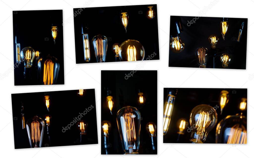 Many hanging decorative antique edison style lightbulbs in patchwork collage