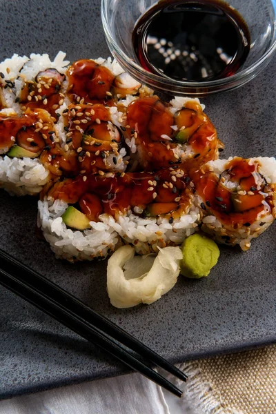 Japanese Cuisine Shrimp Avocado Roll Bbq Sauce Sesame Seeds — Stock Photo, Image