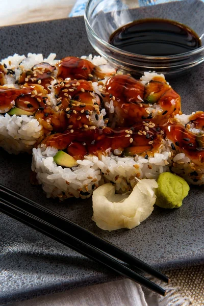 Japanese Cuisine Shrimp Avocado Roll Bbq Sauce Sesame Seeds — Stock Photo, Image