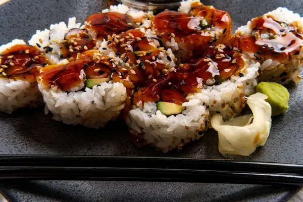 Japanese Cuisine Shrimp Avocado Roll Bbq Sauce Sesame Seeds — Stock Photo, Image