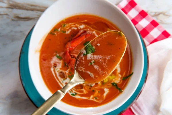 Bisque Homard Chaud Frais Soupe Française Crème Épaisse Huile Olive — Photo