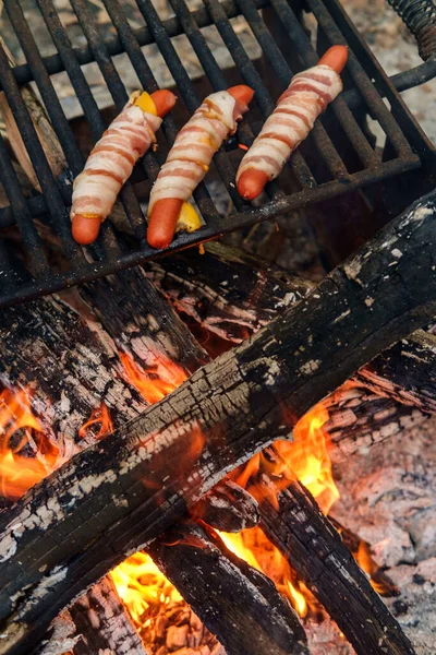 Pastırmalı Sosisli Sandviç Kamp Ateşi Odununda Kızartılmış — Stok fotoğraf