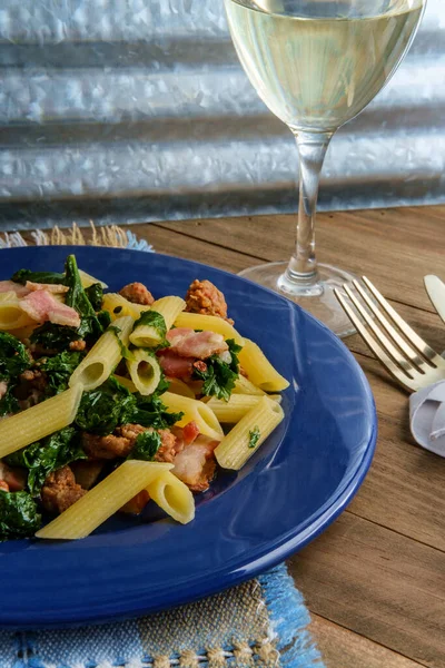 Italian Bacon Sausage Penne Pasta White Wine Garlic Sause Kale — Stock Photo, Image