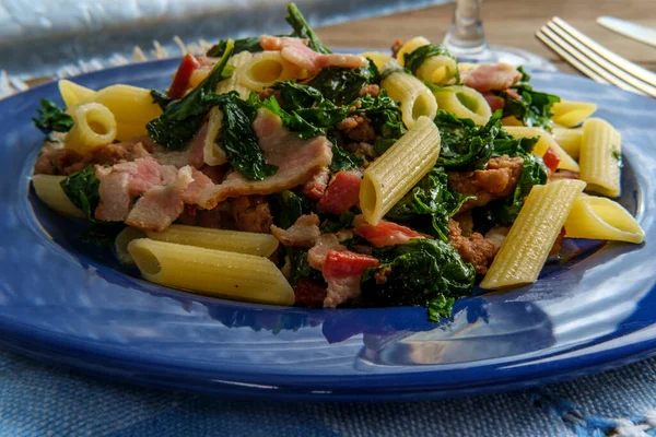 Italian Bacon Sausage Penne Pasta White Wine Garlic Sause Kale — Stock Photo, Image
