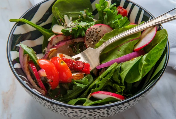 Gesunder Super Food Salat Mit Frühlingsmischgemüse Scheiben Geschnittene Rettich Chiasamen — Stockfoto
