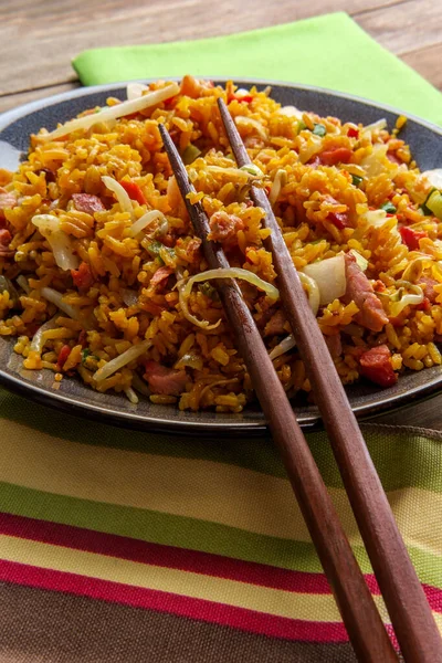 Chinese Pork Fried Rice Wooden Chopsticks — Stock Photo, Image