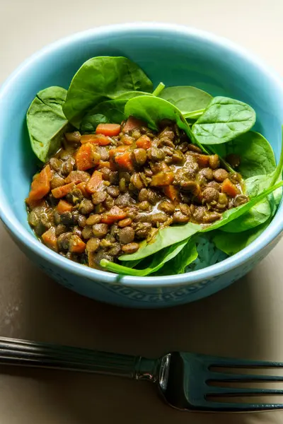 Curried Lentil Salad Carrots Spinach Blue Bowl — Stock Photo, Image