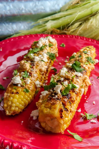 Mexican Street Corn Also Known Elote Served Chili Mayonnaise Cotija — Stock Photo, Image
