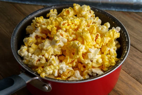Homemade Theater Popcorn Butter Wooden Bowl Movie Night — Stock Photo, Image