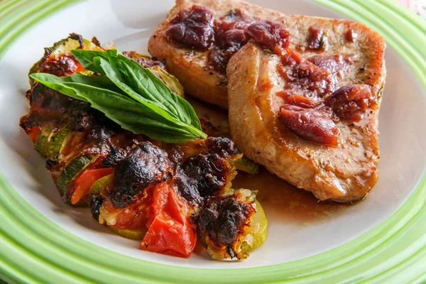 Pork Tendeloin Medallions Cherry Wine Sauce Side Baked Caprese Zucchini Royalty Free Stock Photos