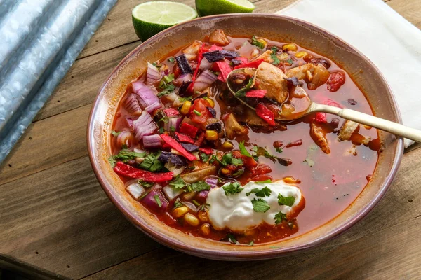 Μεξικάνικη Σούπα Τάκος Κοτόπουλο Μαύρα Φασόλια Και Άγριο Ρύζι — Φωτογραφία Αρχείου