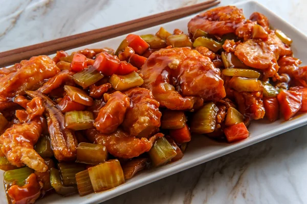 Takeout Chinese Chicken Jumbo Shrimp Sauteed Mixed Vegetables — Stock Photo, Image