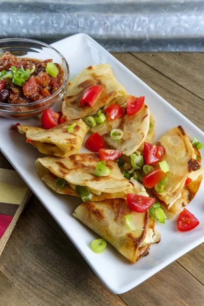 Vegetarian Mexican Pepper Jack Cheese Quesadillas Black Bean Salsa — Stock Photo, Image