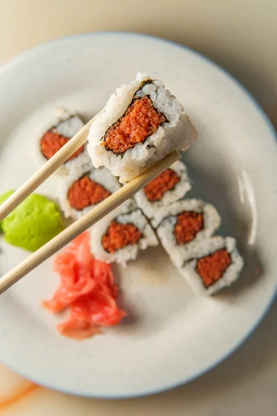 Japanese Salmon Sushi Roll Pickled Ginger Wasabi — Stock Photo, Image