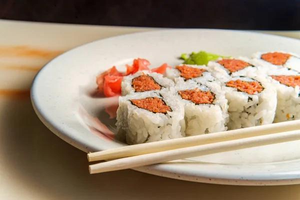 Japanese Salmon Sushi Roll Pickled Ginger Wasabi — Stock Photo, Image