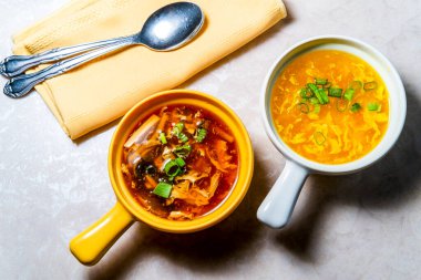 Otantik Çin yemeği Wonton çorbası dilimlenmiş yeşil soğanla süslenmiş.