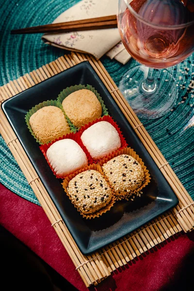 Japanese Traditional Dessert Mochi Served Glass Pink Sake — Stock Photo, Image