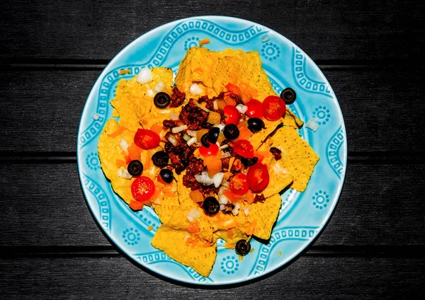 Enkelt Nötkött Nacho Chips Med Chili Och Ost — Stockfoto