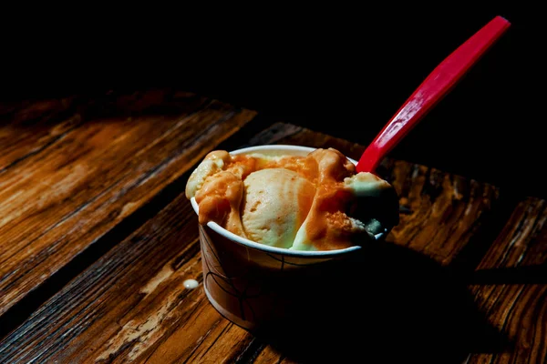 Frozen Dessert Sherbet Dark Moody Lighting Wooden Picnic Table — Stock Photo, Image