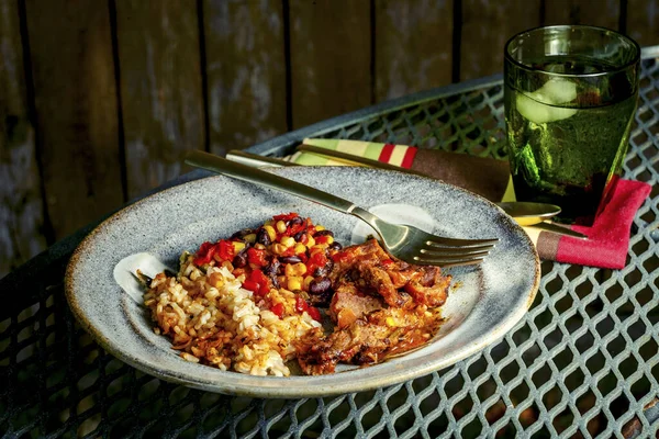 Mexican Grilled Steak Carne Asada Served Brown Rice Beans Corn — Stock Photo, Image