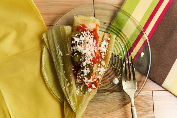 Mexican Steamed Chili Cheese Masa Tamales Wrapped Corn Husk Topped — Photo