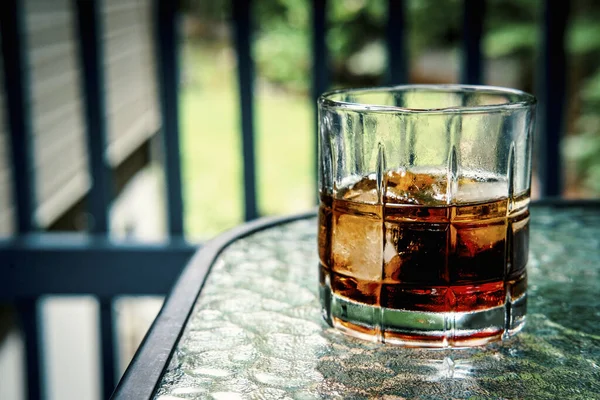 Whiskey Ice Rocks Glass Outdoor Glass Table — Stock Photo, Image