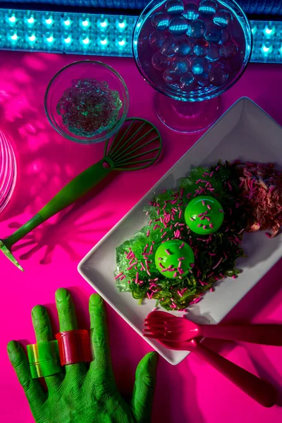 Science Fiction Green Alien Outer Space Eating Dinner Fancy Neon — Stock Photo, Image