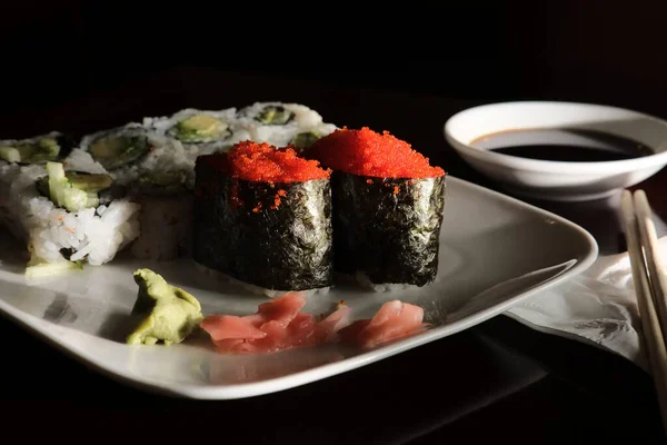 Japanese Avocado Cucumber Roll Flying Fish Roe Sushi — Stock Photo, Image