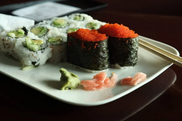 Japanese Avocado Cucumber Roll Flying Fish Roe Sushi — Stock Photo, Image