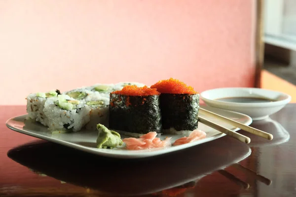 Japanese Avocado Cucumber Roll Flying Fish Roe Sushi — Stock Photo, Image