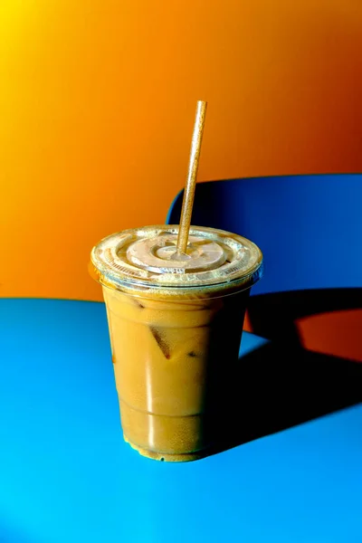 Retro Stylized Plastic Cup Iced Coffee Milk Sugar Biodegradable Straw — Stock Photo, Image