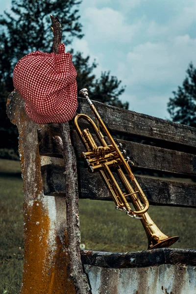 Cestující Hudebníci Trumpeta Kapesník Piknikový Pytel Klacku Opírající Staré Lavičce — Stock fotografie