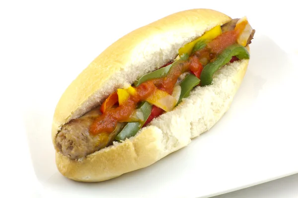 Sausage Onion and Peppers on a Bun — Stock Photo, Image