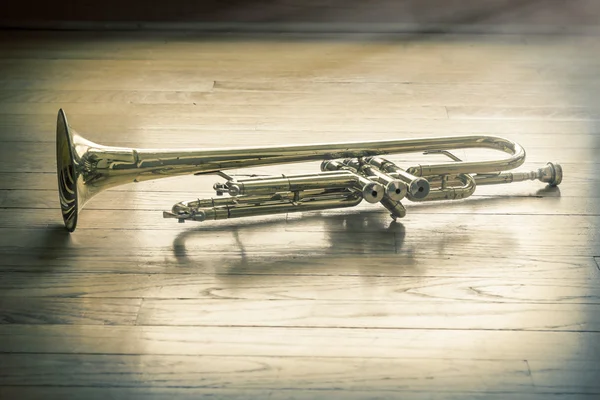 Trumpet Wooden Floor — Stock Photo, Image