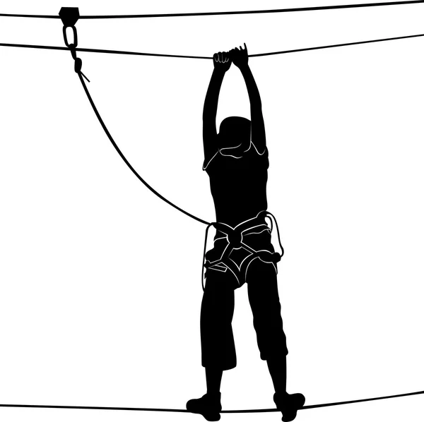 En escalera de cuerda de parque de aventura. Silhouette Adventure. Mujer en cables en un parque de aventuras en un curso difícil — Vector de stock