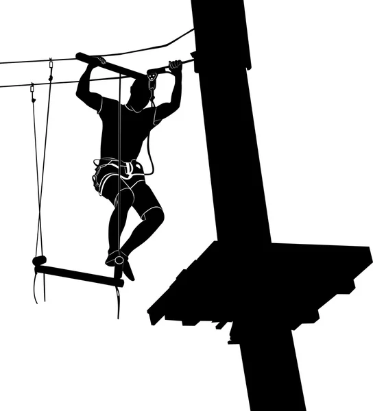 Hombre en cables en un parque de aventuras en un curso difícil. parque en un curso difícil. Silhouette Adventure. parque de aventuras. aventura parque vector silueta negro aislado sobre fondo blanco — Archivo Imágenes Vectoriales