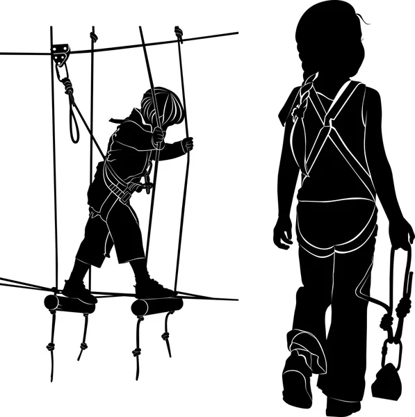 Kinderen in het avontuur park touwladder. kinderen hebben een rust in de touwen-cursus. vector zwarte silhouet geïsoleerd op witte achtergrond — Stockvector