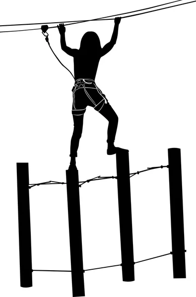 Adventure park rope ladder. Woman on cables in an adventure park on a difficult course. Adventure. adventure park. adventure park vector black silhouette isolated on white background — Stock Vector