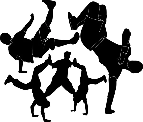 Breakdancers fekete sziluettek — Stock Vector