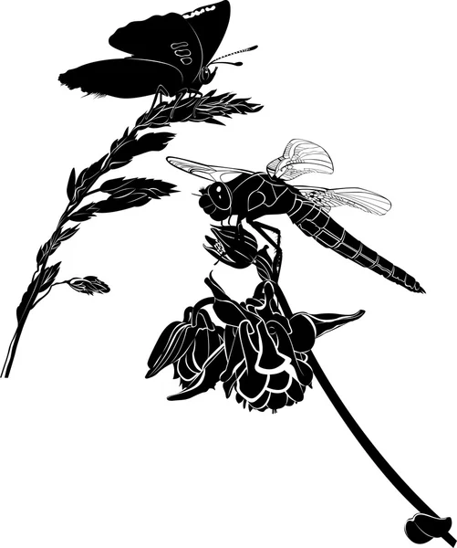 Flor mariposa y libélula — Vector de stock