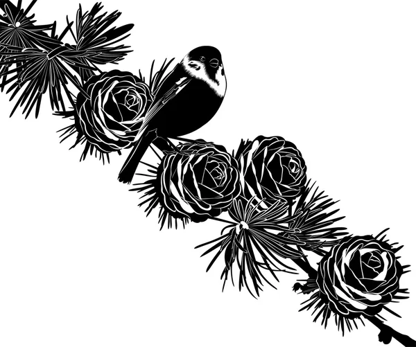 云杉分支和一只鸟 — 图库矢量图片