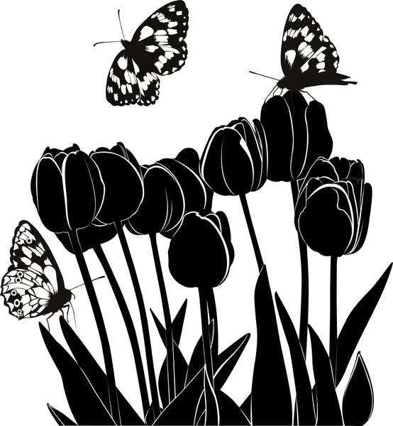 郁金香和孤立的蝴蝶 — 图库矢量图片