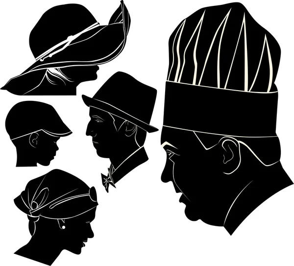 Silhouette di teste di persone in cappelli — Vettoriale Stock