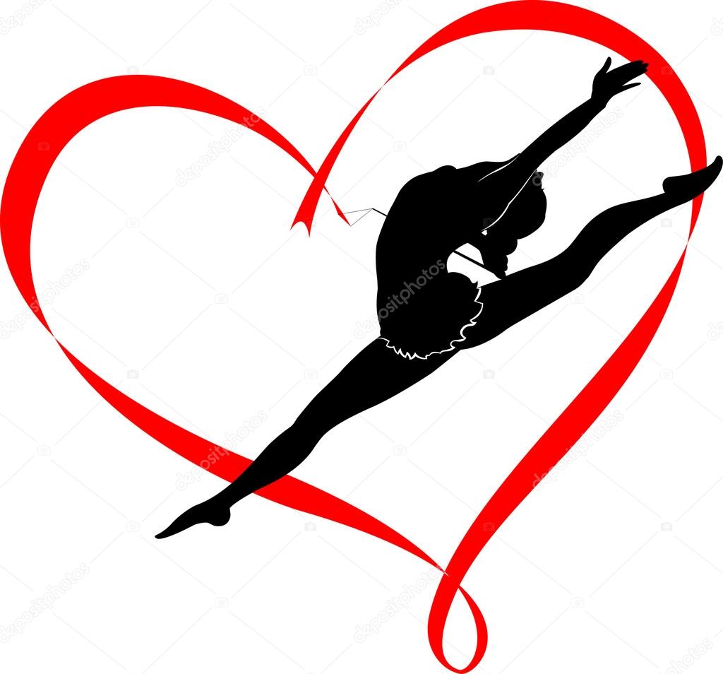 Silhouette of gymnast girl with red stripe in shape of heart isolated on white background