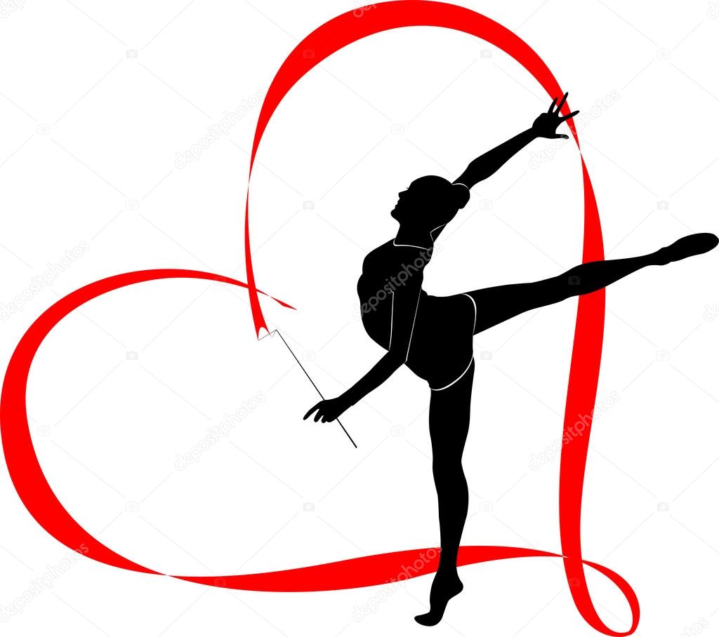 Black silhouette of the girl gymnast in heart