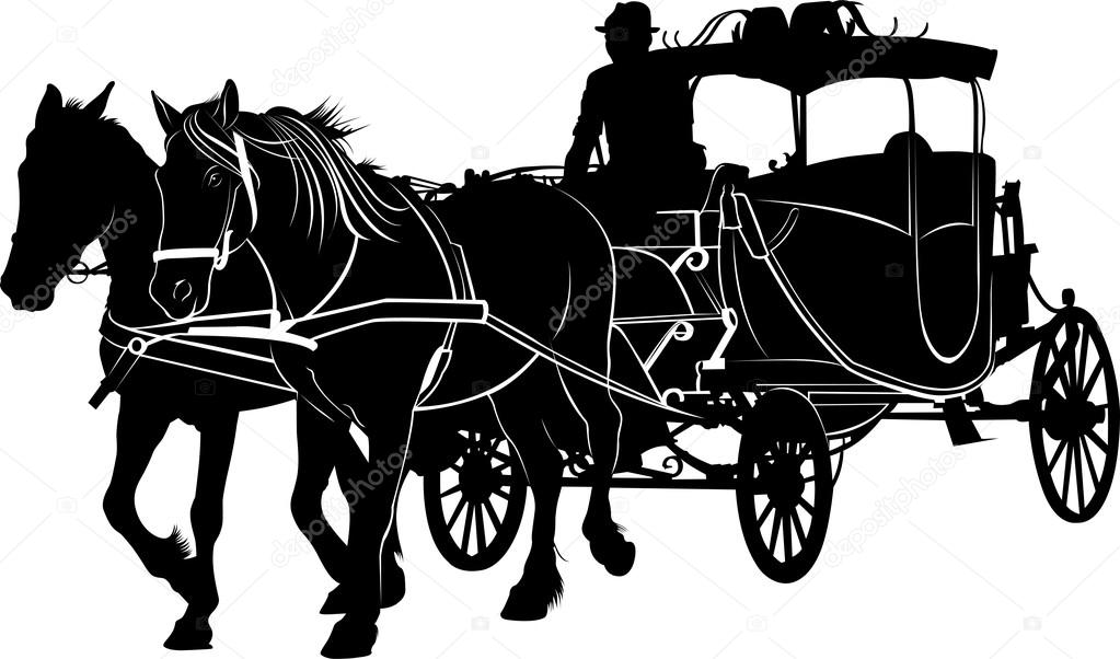 silhouette of jockey on carriage with horses