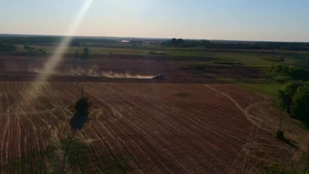 Um trator com um arado dirige ao longo da borda do campo, última tira não arado. drone tiro de lado, verão tempo ensolarado — Vídeo de Stock
